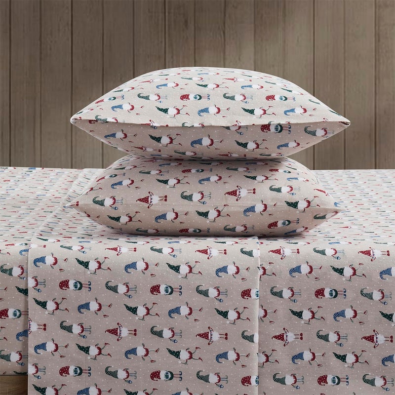 Bearpaw - Queen Sheets, 4-Piece Cotton Flannel Bedding with Matching Pillowcases, Brush for Extra Softness, Cozy Home Decor (Gnome Taupe, Queen) - Image 1